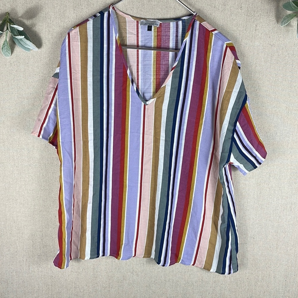 Allison Joy > Striped V Neck Short Sleeve Blouse Large